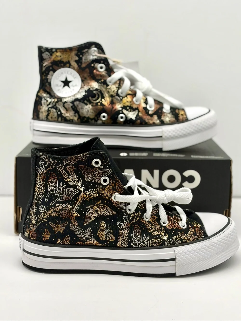 Converse Black High-Top All Star Sneakers with Gold Butterfly Print - Picture 1 of 11